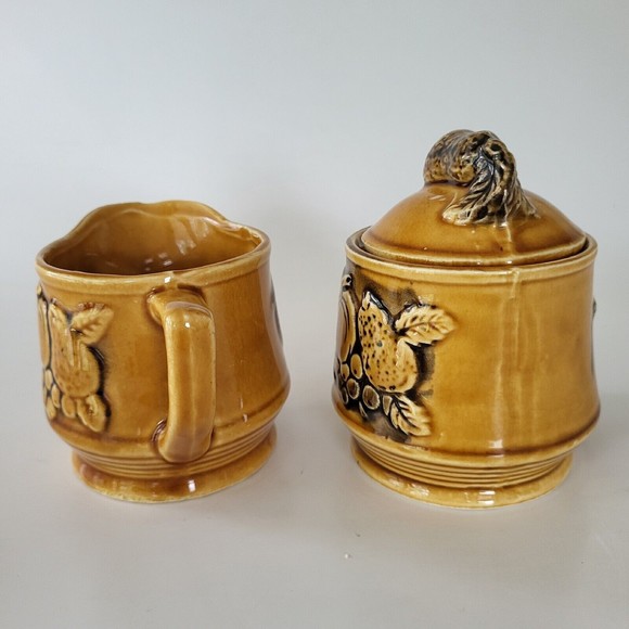 Vintage Autumn Gold Creamer and Sugar Bowl Embossed Fruit 1970s Japan - Picture 2 of 9